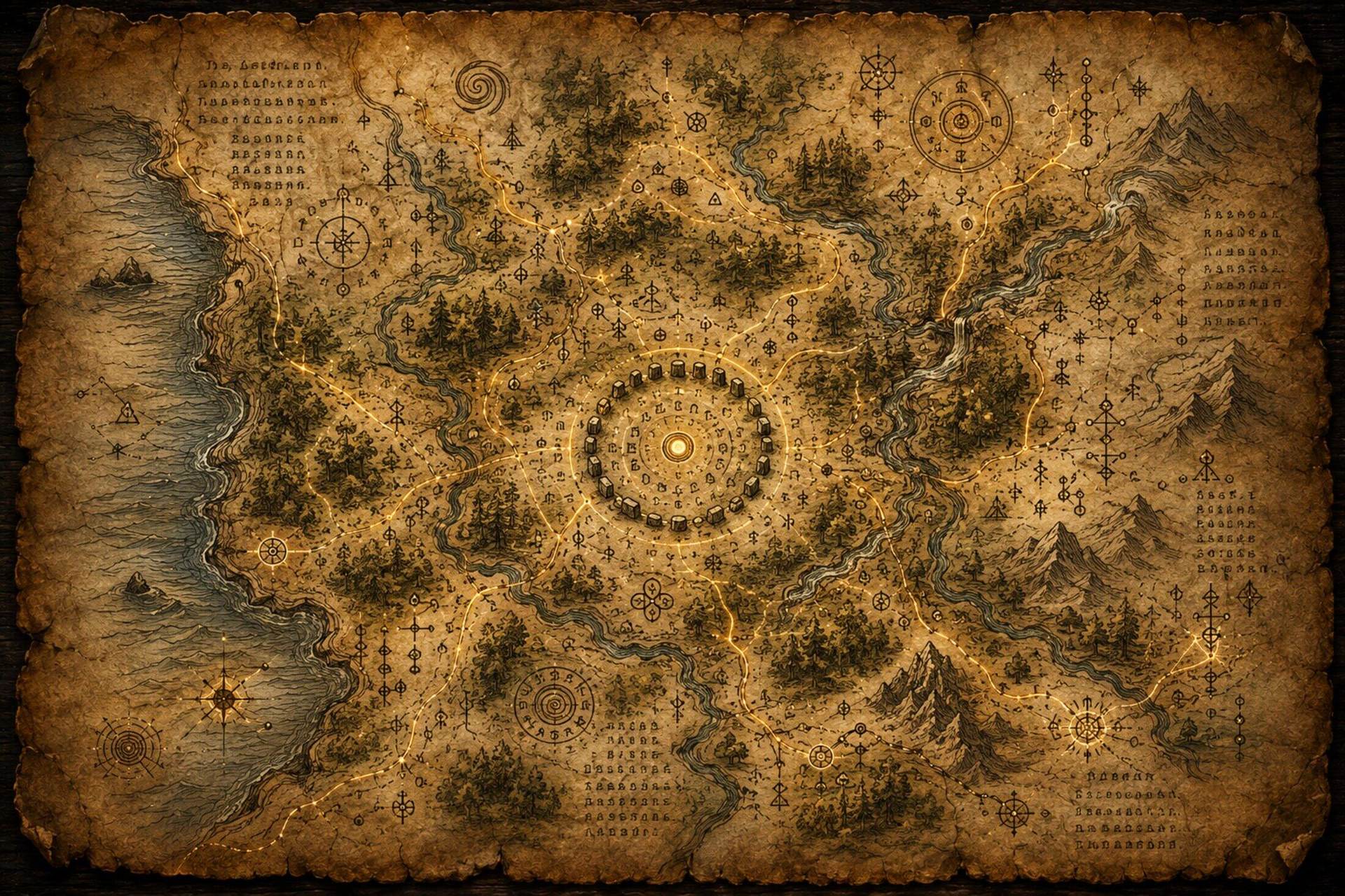 The Custodians’ living map — an aged parchment sheet with a glowing network of corridors radiating from a stone circle at its centre