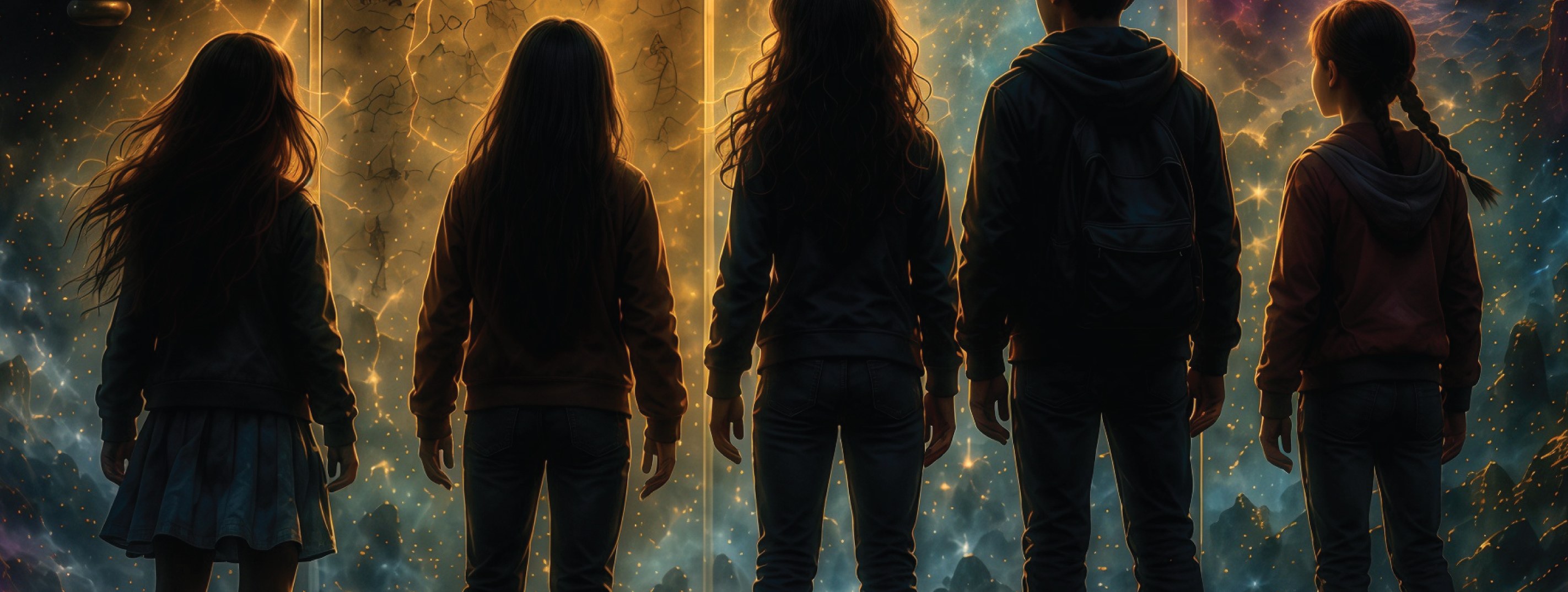 The five children of Custodians of the Stone Circle, silhouetted before the four worlds